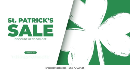 St. Patrick's Sale. Commercial banner with brush stroke lucky clover for Patricks Day holiday shopping promotion and sale advertising. Vector illustration.