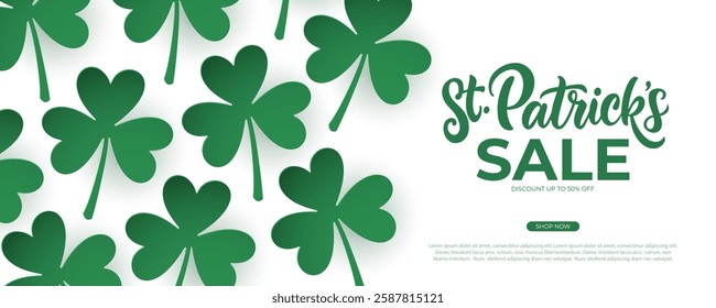 St. Patrick's Sale. Commercial banner with hand lettering and green lucky clovers for Saint Patricks Day holiday shopping promotion and sale advertising. Vector illustration.