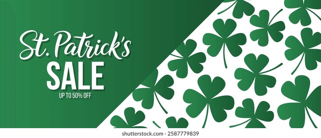 St. Patrick's Sale promotional banner for Patricks Day holiday discount shopping advertising. Hand lettering and green lucky clovers. Vector illustration.