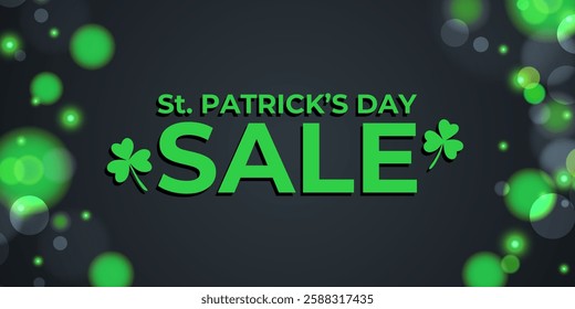 St. Patrick's Sale promotional banner for Patricks Day holiday discount shopping advertising. Green bokeh lights. Vector illustration.