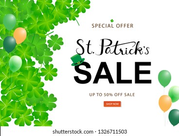 St Patrick's Sale Text Typography Season with Shamrock Clover Leaf Vector illustration