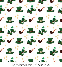 St. Patrick's seamless pattern with cartoon hat, boots, smoking pipe and four-leaf clover. Green, yellow, brown colors on white background. Vector design with fairy tale character accessories.