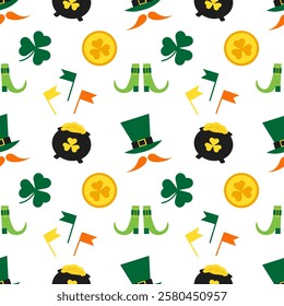 St. Patrick's seamless pattern design. Pattern for textille printing, wallpaper, surface design, covers.  Happy St. Patrick's Day. Pattern with pot of gold, hat and mustache, clover, gold coin