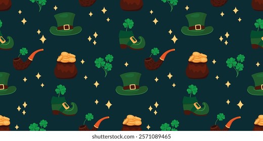 St. Patrick's seamless pattern in green, brawn colors on blue background. Cartoon leprechaun hat, smoking pipe, boots, pot of gold coins and four-leaf clover. Vector designs of symbols of fortune.