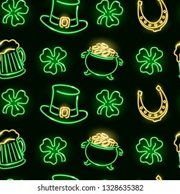 St. Patrick's seamless pattern with neon glowing icons of shamrock, leprechauns hat, horseshoes, pot with coins on dark background. Vector 10 EPS illustration.