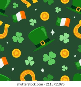 St. Patrick's seamless pattern vector illustration. Shamrock, gold coins, Leprechaun hat, Irish flag and horseshoe on green background