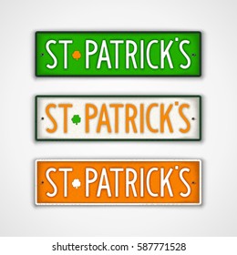 St. Patrick's. Set of stylized badge in style car license plate. Vector design elements.