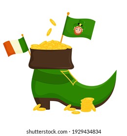 St. Patrick's shoe with a gold band and the flag of Ireland. Flat cartoon vector illustration isolated on a white background.