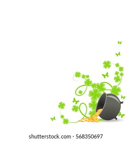 St. Patricks template corner with green shamrock vignette and pot of gold.