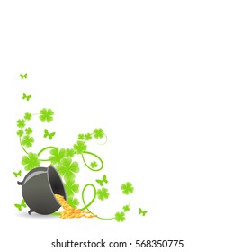 St. Patricks template corner with green shamrock vignette and pot of gold.