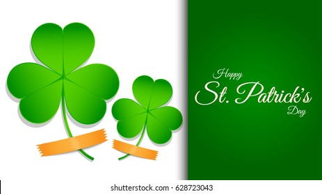 St. Patrick`s three leaf clover. Realistic shamrock with Clear tape copy space. Vector clover.