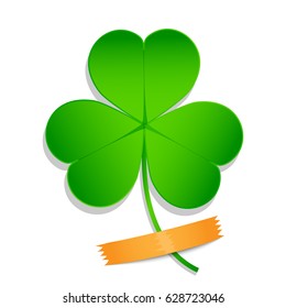 St. Patrick`s three leaf clover. Realistic shamrock with Clear tape. Vector clover.