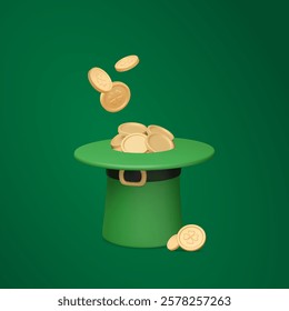 St. Patrick's top hat with gold in it. Coins with clover in upside down hat. Vector illustration. Traditional Irish elements. Minimalistic card design. Holiday banner with money render.