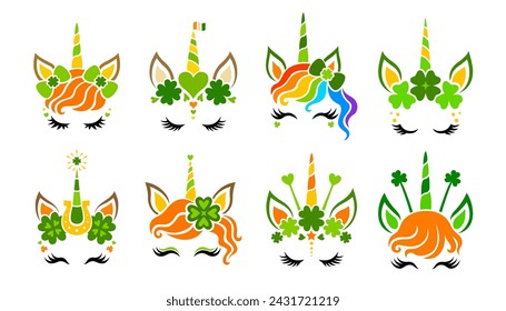 St. Patrick's Unicorn face vector. Cute collection. Animals with clover, hair bow and unicorn horn for girls. Magical characters. Illustrations isolated on white background.