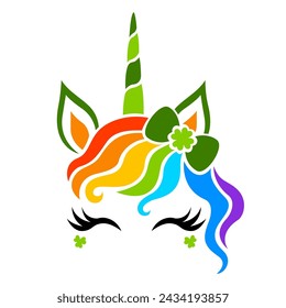 St. Patrick's Unicorn face vector. Cute animal with clover,, hair bow and unicorn horn for girls. Magical characters. Illustrations isolated on white background. Happy St. Patrick's Day design.