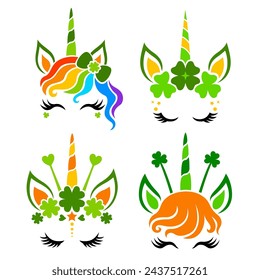 St. Patrick's Unicorn face vector. Cute collection. Animals with clover, hair bow and unicorn horn for girls. Magical characters. Illustrations isolated on white background.