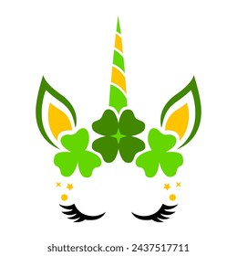 St. Patrick's Unicorn face vector. Cute animal with clover,, hair bow and unicorn horn for girls. Magical characters. Illustrations isolated on white background. Happy St. Patrick's Day design.