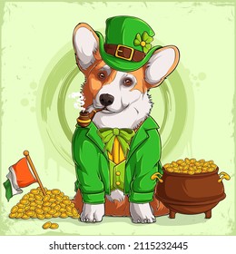 St Patrick's Welsh Corgi dog in Leprechaun hat and suit with a pot of golden coins and the Irish flag