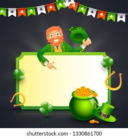 St. Patricks's Day Background with Happy Leprechaun's indicating towards gold coins pot.