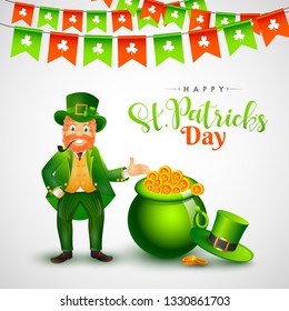 St. Patricks's Day Background with Happy Leprechaun's indicating towards coins pot.
