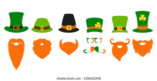 St. Patrics day costume set with hat, beard, glasses, mustache of leprechaun. Lucky irish party design. Photo booth props. 
