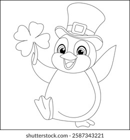 St Patrics day Cute Penguin Line art  Coloring page