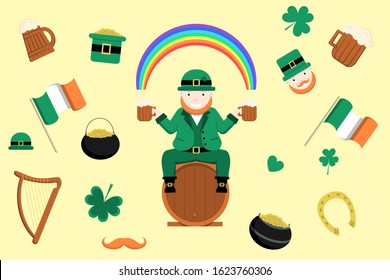 St. Patric's day. Happy holiday set with leprechaun holding two pints of beer and sitting on a barrel. Symbols of Ireland isolated for holiday decoration.
