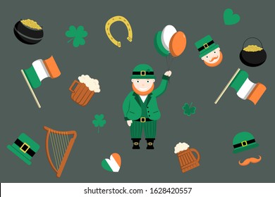 St. Patric's day. Happy holiday set with leprechaun holding bolloons and symbols of Ireland. Isolated objects for holiday decoration.