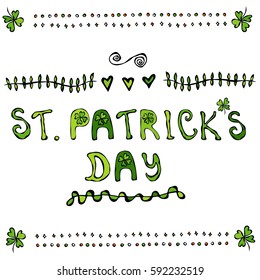 St. Patriks Day Lettering Poster or Card with Clovers and Hearts Cartoon Style