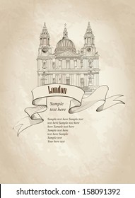 St. Paul Cathedral, London, UK. Hand Drawn Illustration. Vector vintage background. 