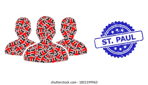 St. Paul dirty stamp seal and vector fractal mosaic leader men group. Blue stamp seal includes St. Paul caption inside rosette.