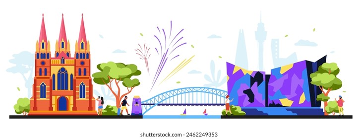 St Pauls Cathedral and ACMI - modern colored vector illustration with church for Anglicans in Melbourne, Harbor Bridge and museum dedicated to films, television, video games and art. Heritage idea