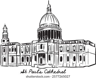 St Paul's Cathedral, London, England black and white ink sketch. Iconic Baroque architecture with a grand dome and intricate details. Historic landmark illustration. Tourism, travel, and culture