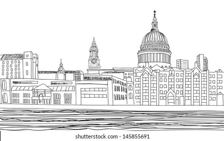 St Paul's Cathedral. London landscape with River Thames, England UK . Hand drawn pencil vector illustration.