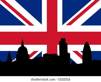 St Paul's cathedral and London skyscrapers with British flag