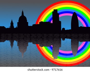 St Paul's cathedral and London skyscrapers reflected with rainbow