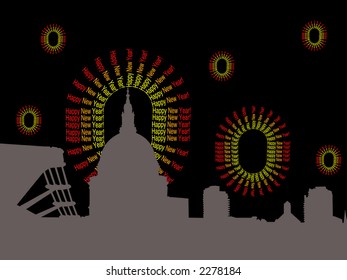 St Pauls and Millennium Bridge and abstract happy New Year fireworks illustration