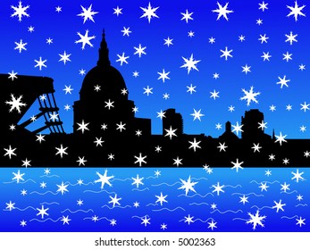 St Pauls and Millennium Bridge in winter with falling snow