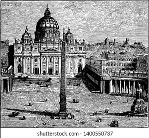 St Peter Church and Vatican Palace in Rome which is the official residence of the Pope in the Vatican City, vintage line drawing or engraving illustration.