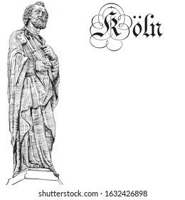 St. Peter holds the keys to paradise. Detail of the Petrusbrunnen (meaning St Peter fountain) . Cologne (inscription on the image), Germany. Vector hand made illustration in engraving style