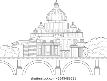 Basílica de São Pedro Linha Arte Ilustração, preto e branco linha arte ilustração da Basílica de São Pedro na Cidade do Vaticano, Roma, Itália. Desenho de esboço do marco icônico.