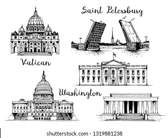 St. Peter's Basilica, Palace Bridge and Peter and Paul Fortress, United States Capitol Building, White House and Lincoln Memorial. Vector world landmarks isolated on white background