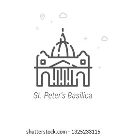 St. Peter's Basilica, Rome Vector Line Icon. Historical Landmarks Symbol, Pictogram, Sign. Light Abstract Geometric Background. Editable Stroke. Adjust Line Weight. Design with Pixel Perfection.