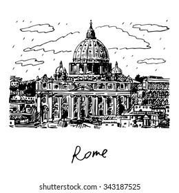 St. Peter's basilica in Vatican, Rome, Italy. Vector hand drawn sketch.