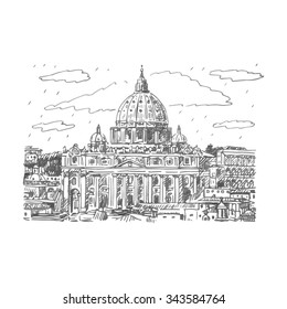 St. Peter's basilica in Vatican, Rome, Italy. Vector hand drawn sketch.