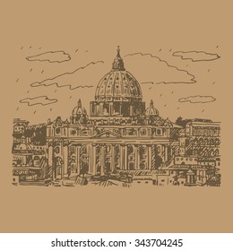 St. Peter's basilica in Vatican, Rome, Italy. Vector hand drawn sketch.