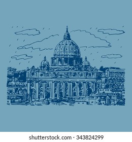 St. Peter's basilica in Vatican, Rome, Italy. Vector hand drawn sketch.