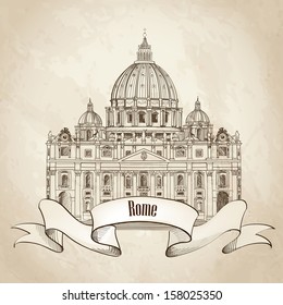 St. Peter's Cathedral, Rome, Italy. Hand drawn vector illustration isolated on old paper background.  Saint Pietro Basilica label.