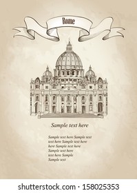 St. Peter's Cathedral, Rome, Italy. Hand drawn vector illustration isolated on old paper background.  