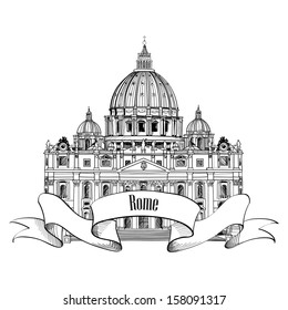 St. Peter's Cathedral, Rome, Italy. Hand drawn vector sketch  illustration of italian landmark. Travel Italy symbol: Saint Pietro Basilica label.